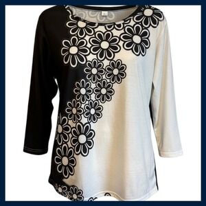Black and White Floral Flower Print Long Sleeve Top, Womens Size L